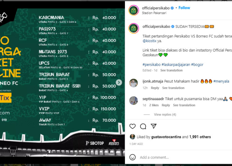 Harga Tiket Persikabo 1973 vs Borneo FC Paling Murah 40 ribu, Dibeli Melalui Online