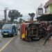 Akibat Ban Menapaki Coran Rapuh, Sebuah Truk Tanah Terguling