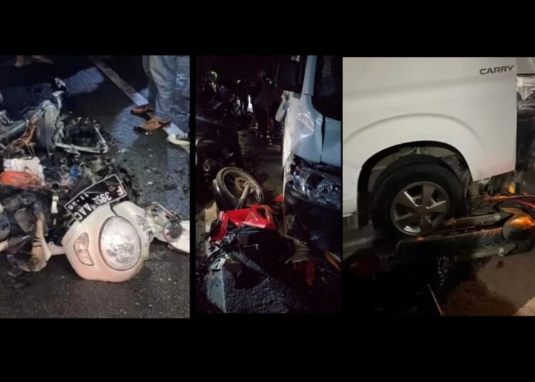Pick Up Geruduk Tiga Motor di Jalan Raya Jakarta-Bogor, Satu Motor Terbakar dan Dua Pengendara Luka Serius