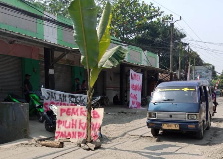 Tak Kunjung Diperbaiki, Warga Cinangka Tanam Pohon Pisang di Jalan Rusak