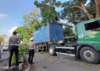 Sopir Salah Jalur, Truk Kontainer Tersangkut Pohon di Jalan KH Abdullah Bin Nuh Cianjur