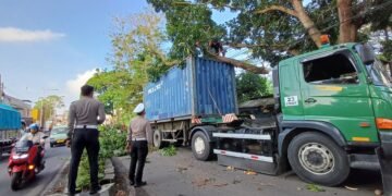 Sopir Salah Jalur, Truk Kontainer Tersangkut Pohon di Jalan KH Abdullah Bin Nuh Cianjur